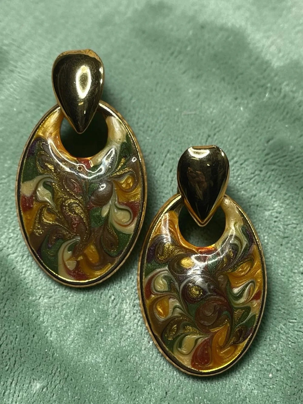 Vintage Gold Tone Marbled Enamel Door Knocker Earrings Fall Colors